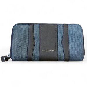 Bvlgari Sage Green Leather Canvas Wallet with Zipper Charm